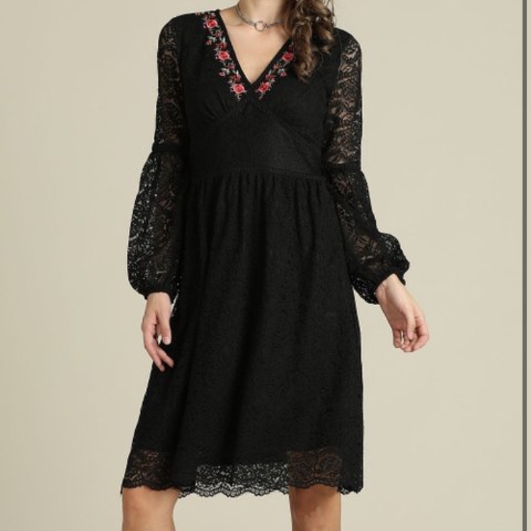 Black Floral Lace V-Neck Dress